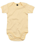 A Babybugz BZ010 plain yellow onesie with short sleeves and snap closures at the bottom, laid flat against a white background.