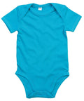 A vibrant turquoise Babybugz onesie, model BZ010, showcases short sleeves with envelope-style shoulders and three crotch snap buttons. The soft and smooth fabric makes it perfect for infants, and the onesie is displayed flat against a white background.