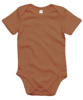 The Babybugz BZ010 is an orange baby onesie featuring short sleeves and convenient snaps at the bottom for easy diaper changes, crafted from fabric that feels soft and comfortable.