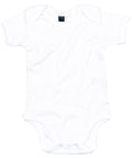 The Babybugz BZ010 is a plain white baby onesie with short sleeves and a round neckline, featuring snaps at the bottom for easy fastening.