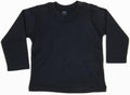 The Babybugz branded BZ011 is a black, long-sleeve baby shirt featuring a round neckline and button closures on one shoulder, laid flat.