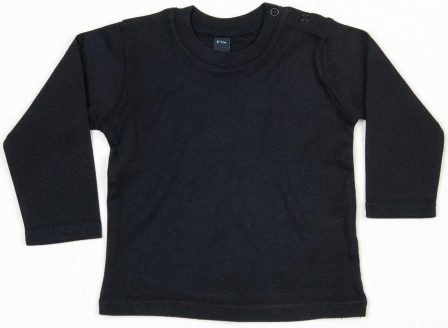 The Babybugz branded BZ011 is a black, long-sleeve baby shirt featuring a round neckline and button closures on one shoulder, laid flat.