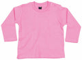 A Babybugz BZ011 long-sleeve baby shirt in pink, featuring two buttons on the shoulder.