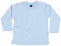 The Babybugz BZ011 is a baby shirt in light blue featuring long sleeves, a round neck, and snap buttons on one shoulder.