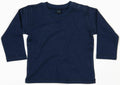 A Babybugz BZ011 long-sleeve baby shirt in navy blue, featuring buttons on one shoulder, neatly displayed flat against a white background.