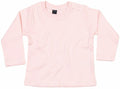 Introducing the Babybugz BZ011: a light pink long-sleeve baby shirt featuring a round neckline and side button closure on the shoulder.