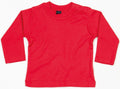 Introducing the Babybugz BZ011: a vibrant red, long-sleeve toddler shirt with a round neckline and convenient buttons on the shoulder for easy fastening.