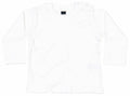 The BZ011 by Babybugz is a plain white long-sleeve baby shirt featuring a round neckline and two small buttons on one shoulder.