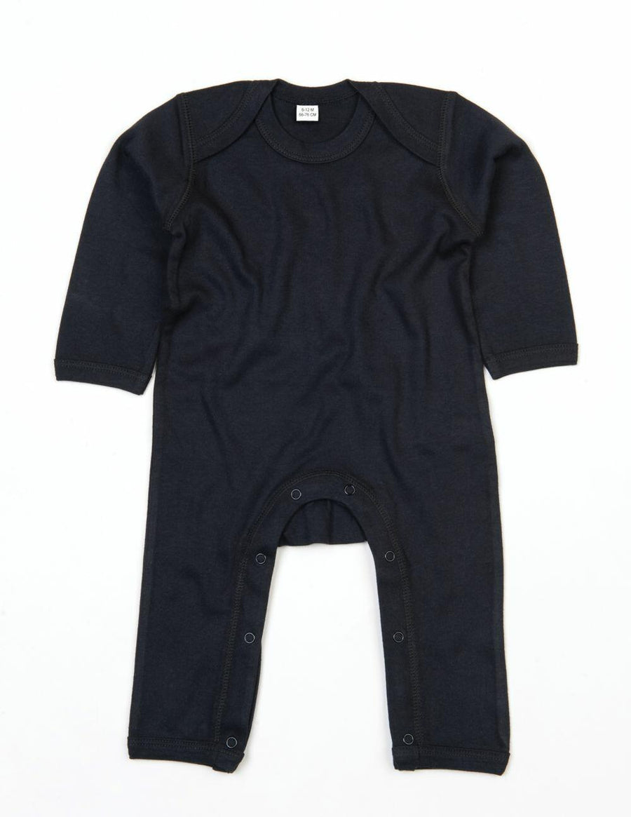 Product BZ013, a black long-sleeve baby onesie with snap buttons at the legs from Babybugz, laid flat on a white background.