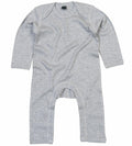 The Babybugz BZ013 is a gray baby onesie featuring long sleeves, a round neckline, and convenient snap buttons along the legs.
