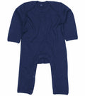 The Babybugz BZ013 is a navy blue baby onesie with long sleeves, designed with snaps along the inseam to facilitate easy diaper changes.