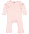 A Babybugz BZ013 baby onesie, featuring long sleeves and a light pink color, complete with a round neckline and convenient snap closures at the legs, is laid flat against a white background.