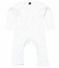 A long-sleeve baby onesie with snap closures on the legs, featuring a simple white design (Model BZ013 by Babybugz), laid flat on a white background.
