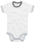 The Babybugz BZ019 is a baby onesie featuring a white design with gray trim on the collar, sleeves, and leg openings.