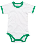 Babybugz BZ019 is a white baby onesie featuring green trim on the sleeves, neckline, and leg openings.