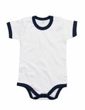 The Babybugz BZ019 is a white baby onesie featuring black trim on the sleeves, collar, and leg openings. It includes snap closures on one shoulder and at the bottom for easy dressing.