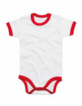 The Babybugz BZ019, a white baby onesie with red trim around the neckline, sleeves, and leg openings, is laid flat on a white background.