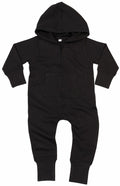 Babybugz BZ025 baby onesie in black, featuring a hood, long sleeves, a front zipper, and a pouch pocket.