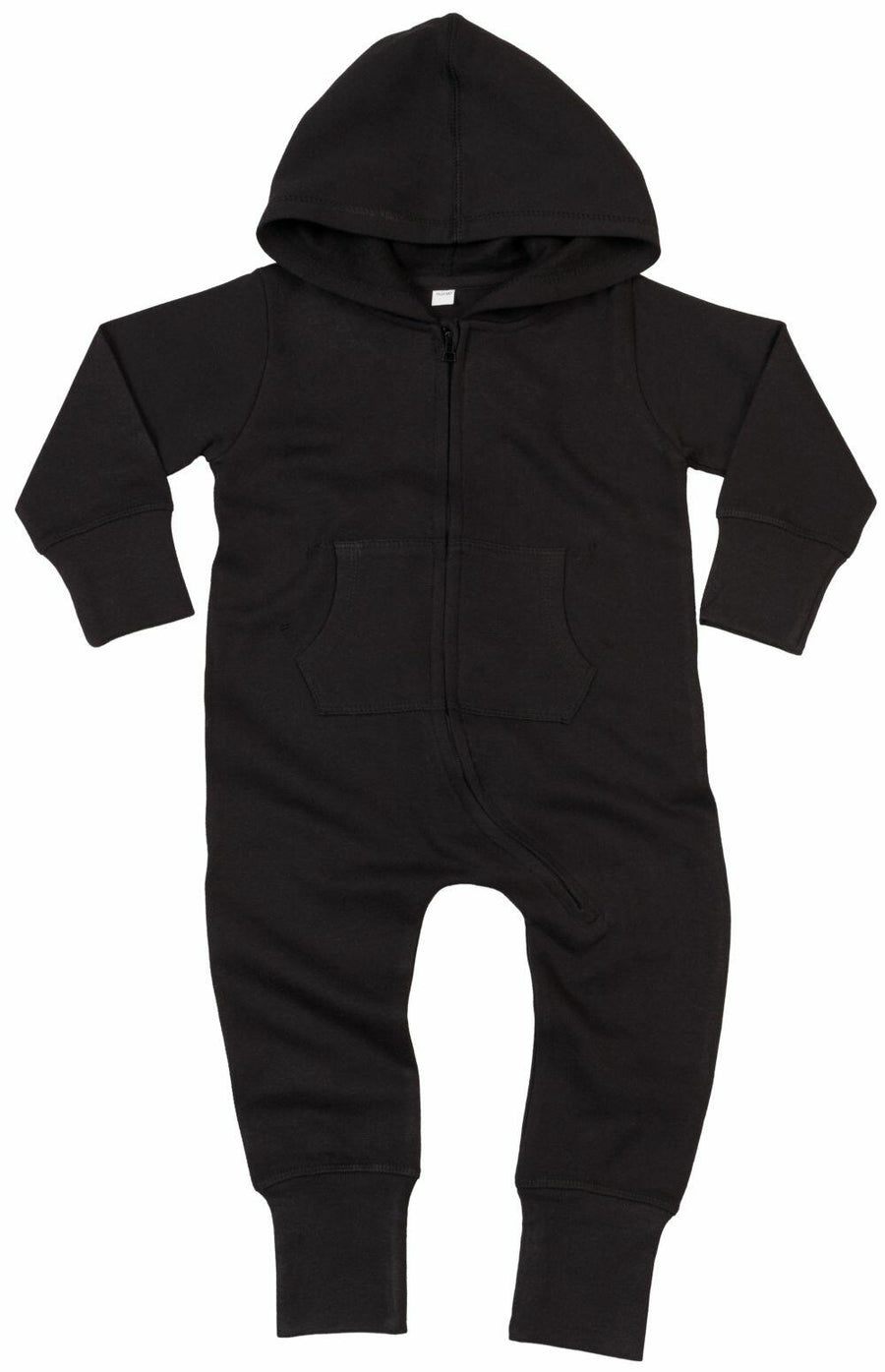 Babybugz BZ025 baby onesie in black, featuring a hood, long sleeves, a front zipper, and a pouch pocket.