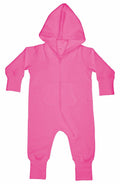 A Babybugz BZ025 pink hooded baby onesie featuring a front zipper and central pocket, laid flat.