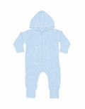 BZ025 by Babybugz: A light blue baby onesie featuring a hood and front pockets, showcased on a white background.