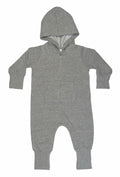 The Babybugz BZ025 is a gray hooded jumpsuit for infants, featuring long sleeves, a front zipper, a front pocket, and ribbed cuffs at the wrists and ankles. It is crafted from soft, comfortable fabric to ensure the utmost comfort for your baby.