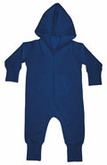 The Babybugz BZ025 is a toddler onesie in navy blue, featuring a hood, long sleeves with fitted cuffs, and a front zipper. It also includes a single front pocket and fitted cuffs at the ankles.