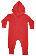 Introducing the Babybugz BZ025: a vibrant red hooded onesie for infants, featuring a convenient zipper front and a handy pouch pocket. This adorable outfit is designed with long sleeves and includes ribbed cuffs on both the wrists and ankles for added comfort.