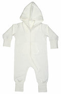 The Babybugz BZ025 is a cozy white baby jumpsuit that features a hood, long sleeves, a front zipper, and a front pocket to ensure comfort and warmth.