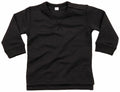 A Babybugz BZ031 plain black toddler shirt featuring long sleeves and button details on the shoulder.
