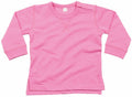 A Babybugz BZ031 pink long-sleeve baby shirt featuring button detail on the shoulder, displayed flat.