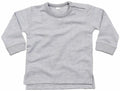 A Babybugz BZ031 heather grey long-sleeve baby shirt featuring button detail on the shoulder, displayed flat.