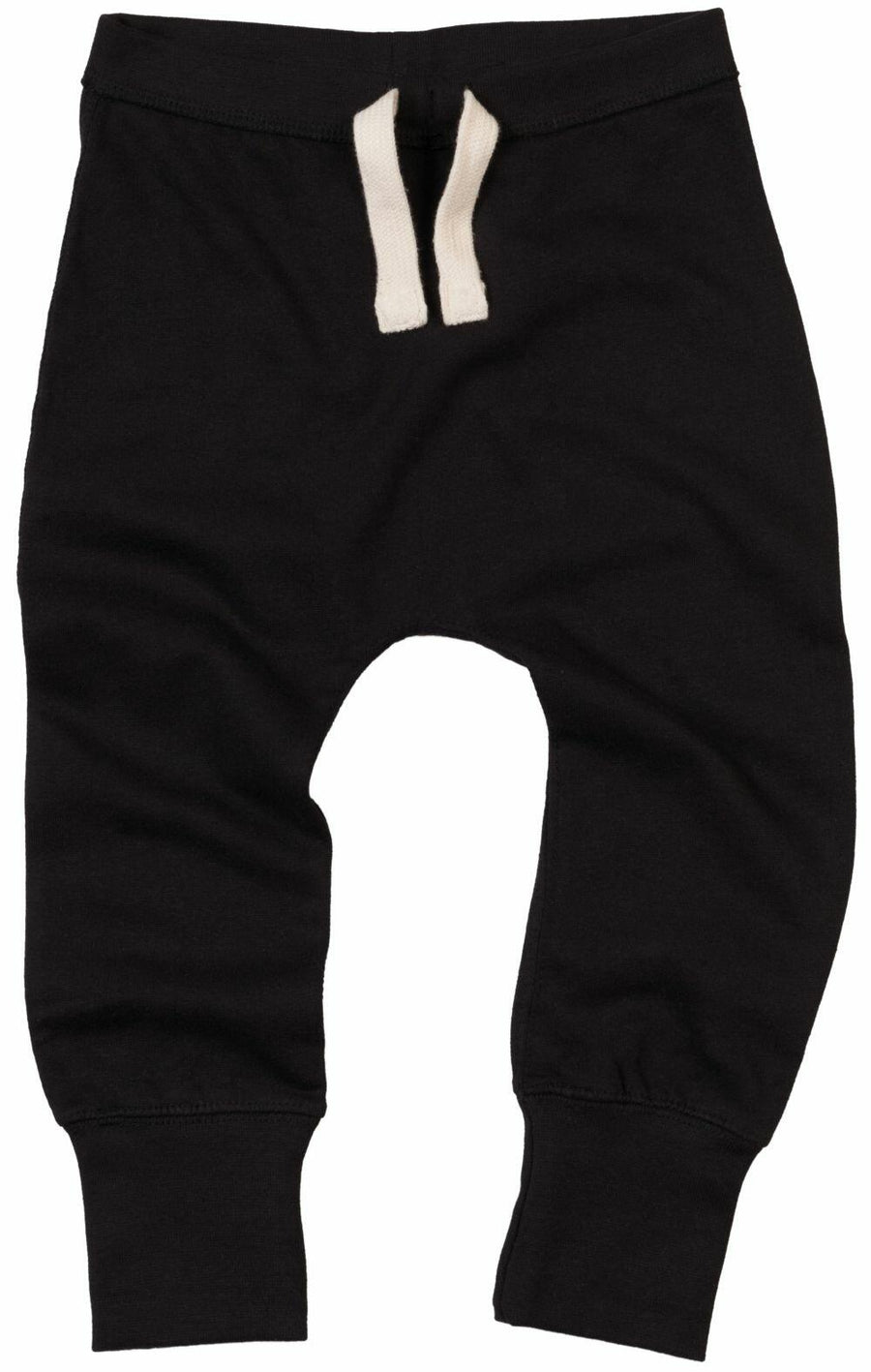 Babybugz BZ033 children's black sweatpants featuring white drawstrings and ribbed cuffs, showcased against a white background.