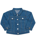 Babybugz's BZ053 is a blue denim jacket featuring a collar, button-up front, and two chest pockets.