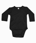 Babybugz BZ060 black long-sleeve baby bodysuit with a crossover front and snap closures, displayed on a white background.