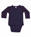The Babybugz BZ060 is a dark navy baby onesie featuring long sleeves, a wrap-style front, and side snap closures.