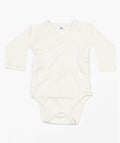 The Babybugz BZ060 is a plain, cream-colored baby onesie featuring long sleeves and a wrap-style front with snap closures at the bottom, laid flat on a white background.