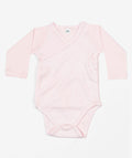 Babybugz BZ060 baby onesie in light pink is designed with long sleeves and a wrap-front style. It includes side snaps and is displayed flat on a white background.