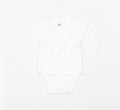 The Babybugz BZ060 is a plain white baby bodysuit featuring long sleeves and a wrap-around design, secured with small buttons. It is displayed flat on a white surface to emphasize its simple and clean style.