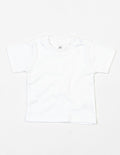 The Babybugz BZ061, a white baby t-shirt featuring two buttons on the shoulder, is displayed on a plain white background.