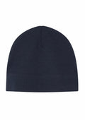 The Babybugz BZ062 beanie, displayed against a white background, has a minimalist dark blue design with a smooth, seamless look and a subtle horizontal seam around the headband.