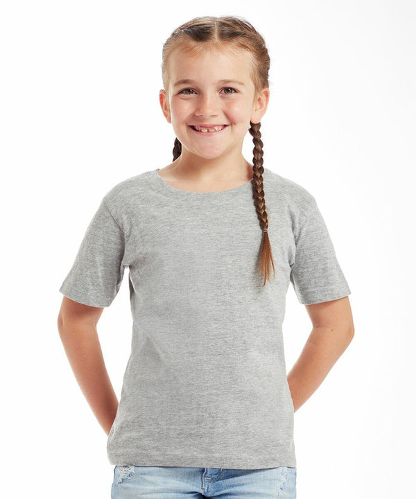 A young child with braids, wearing a grey Babybugz BZ090 T-shirt and jeans, smiles and stands with their hands behind their back.