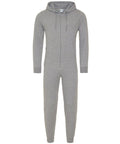 The Comfy Co CC001 is a gray hooded onesie featuring a front zipper, long sleeves, and elastic cuffs.