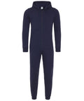 The Comfy Co CC001 is a navy blue onesie featuring a hood, front zipper, and kangaroo pocket.