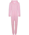 The CC01J by Comfy Co is a pink hooded onesie featuring a front zipper and two pockets.
