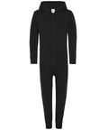 Front view of the CC01J by Comfy Co, a black hooded onesie featuring a front zipper and long sleeves.