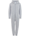 The CC01J by Comfy Co is a light gray children's hooded onesie featuring a front zipper and two pockets. It comes with long sleeves and fitted cuffs at both the wrists and ankles.
