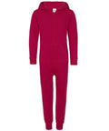 The Comfy Co CC01J red onesie features a front zipper, hood, and front pockets. It includes long sleeves and pant legs with cuffs.
