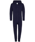 Introducing the Comfy Co CC01J: a stylish navy blue onesie featuring a front zipper, hood, and long sleeves. It includes two convenient pockets along with ribbed cuffs at both the wrists and ankles. This comfortable onesie is elegantly showcased against a white background.