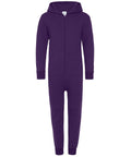 A purple, full-length CC01J onesie by Comfy Co features a hood, front zipper, long sleeves, and two front pockets. It is displayed on a plain white background.